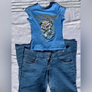 JEANS ONLY! Y2K Blue Flare Bootcut Jeans with Three Button Waist & Pocket Design